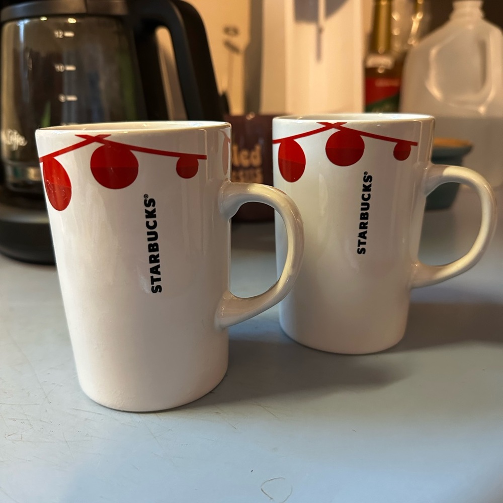 Starbucks White Mugs with Red Ornament Design